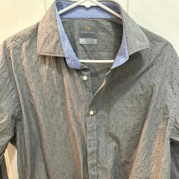 Thomas Dean Mens Dots Cotton Collared Long Sleeve Button Down Shirt Gray Size XL - Picture 1 of 4